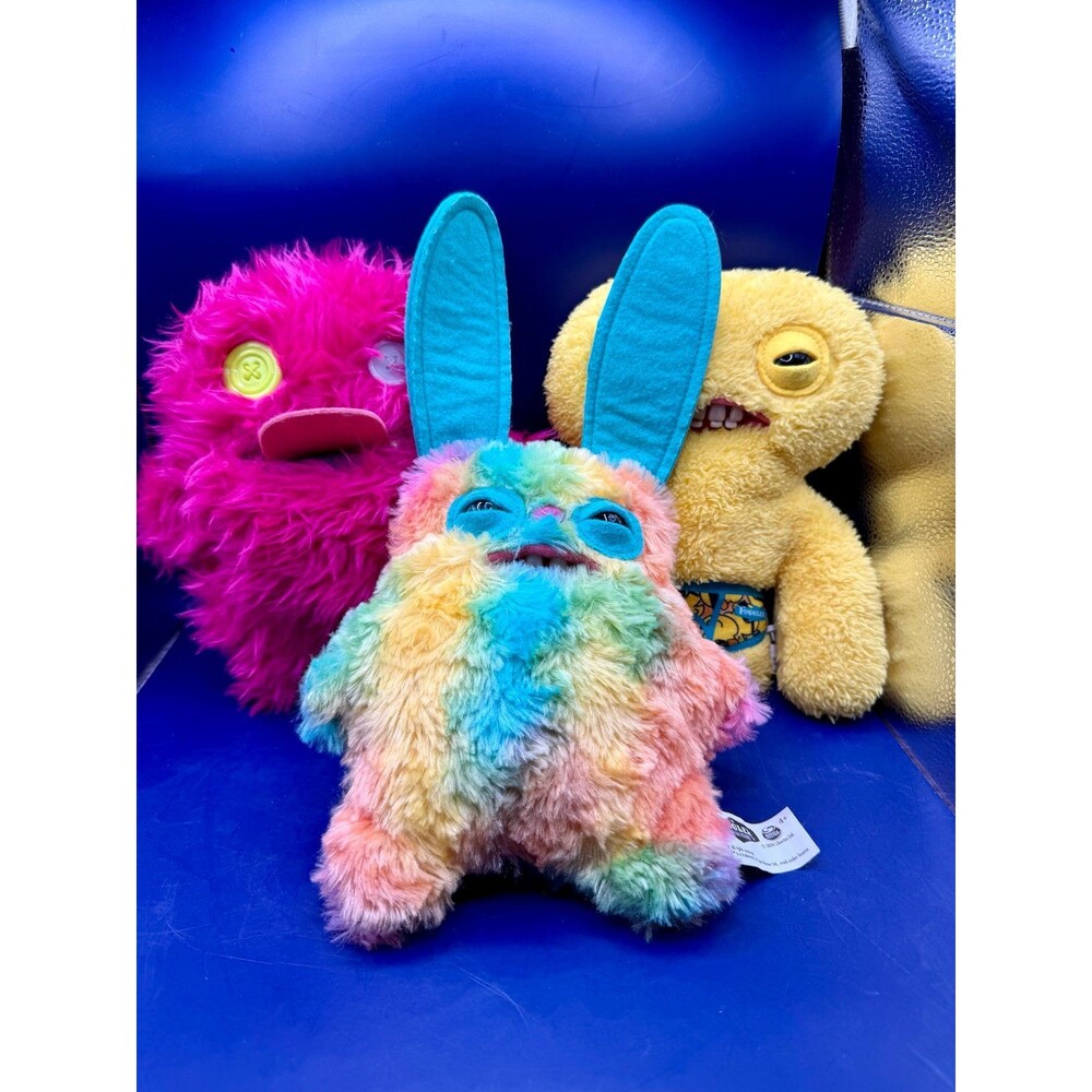 Fuggler Lot of 3 - Rainbow Bunny + Pink + Yellow Budgie - 9" Funny Ugly Monster